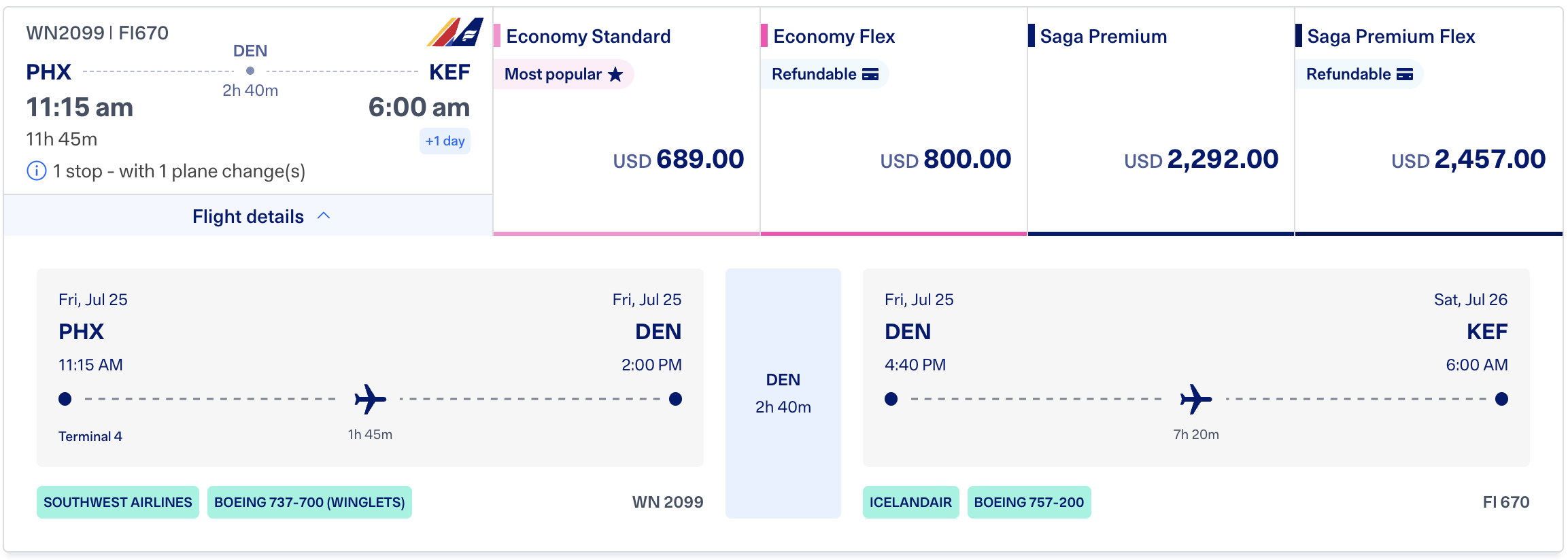 PHX-DEN-KEF itinerary